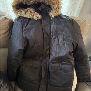 Perry Ellis Dark Quilted Jacket with Fur Trim Hood